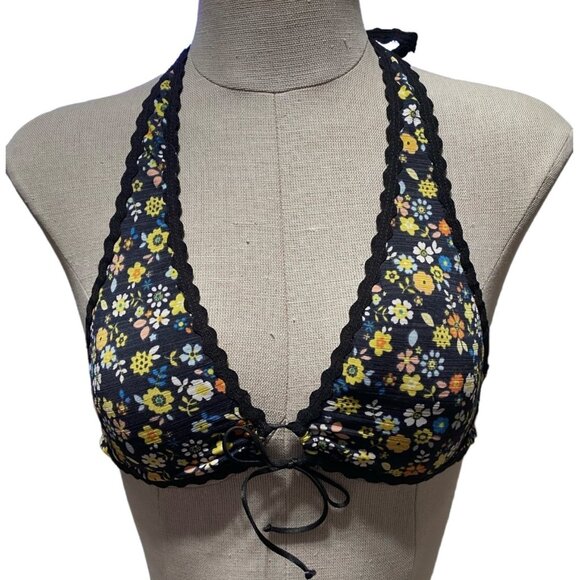 Robin Piccone Swimwear Top XS Bandeau Floral Black Bric-A-Brac Halter Tie - Picture 1 of 9